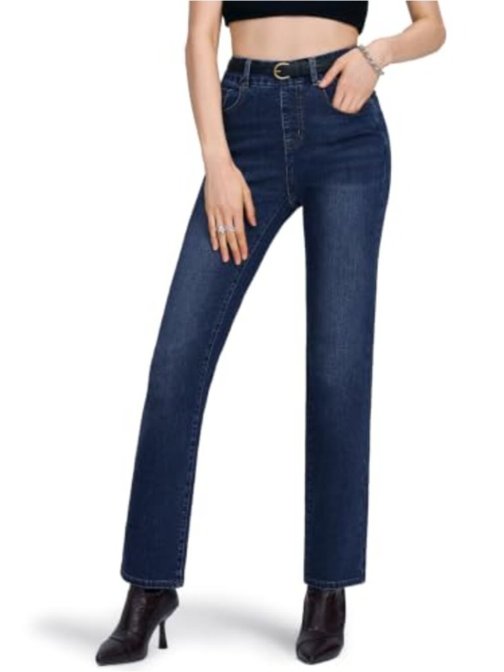 Pull-On Straight Leg Jeans High Waisted Stretchy Denim Pants